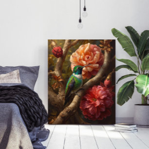 Grön kolibri oljemålning Blommig natur Poster