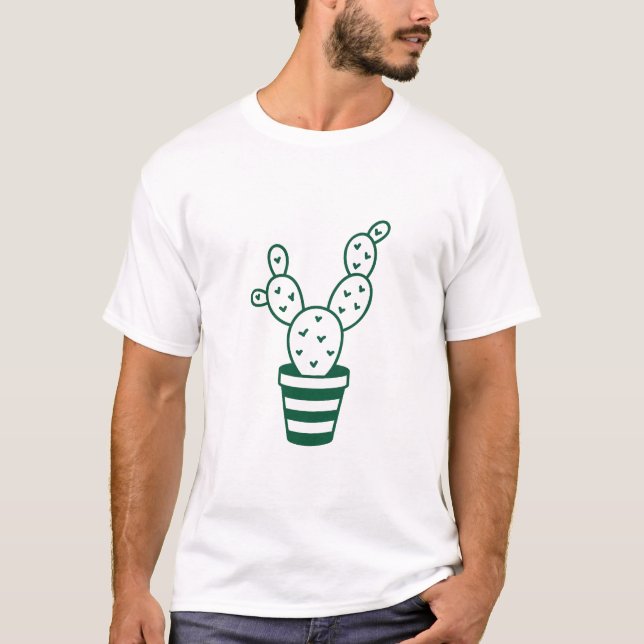 Grön Konturerad Kaktus Grafisk Vit T Shirt (Framsida)