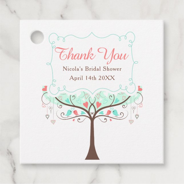 Grön korall blomster fågel bröllopsdusch tack gåvor etiketter (Framsida)