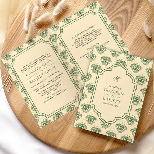Grön kräm Ikat Damask Allt-i-ett Sikh-bröllop Inbjudan
