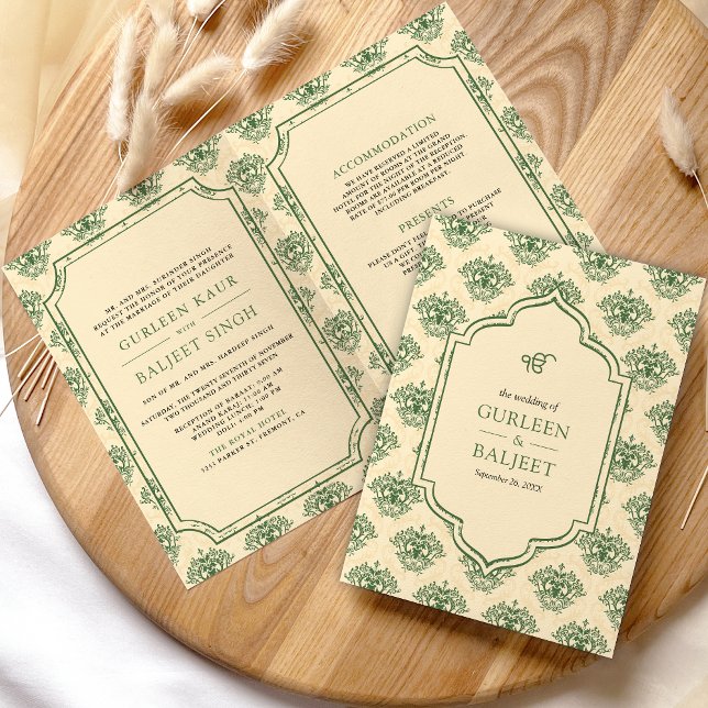 Grön kräm Ikat Damask Allt-i-ett Sikh-bröllop Inbjudan (Skapare uppladdad)
