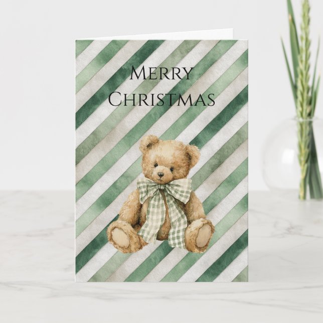 Grön Kräm Ränder Teddybjörn Jul Kort (Framsida)