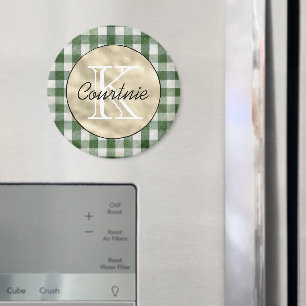 Grön Kräm Rutigt Randigt Guld Monogram      Magnet