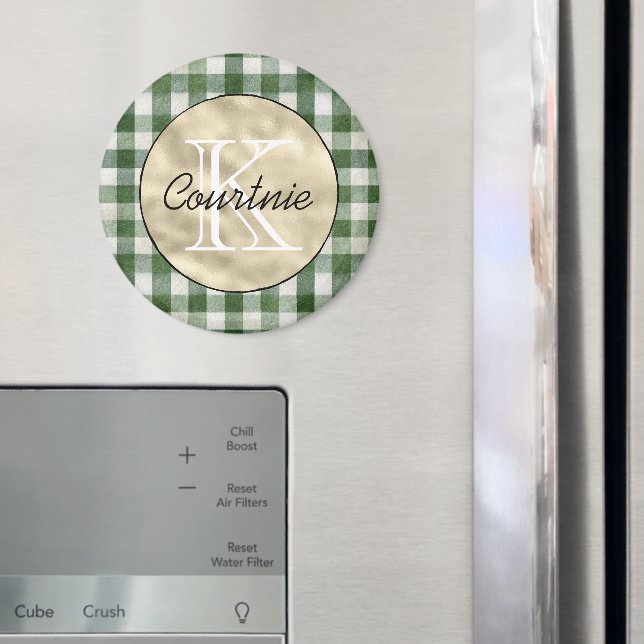 Grön Kräm Rutigt Randigt Guld Monogram      Magnet (In Situ (Fridge))