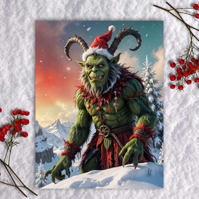 Grön Krampus på snötäckt bergstopp Julgrinig Helg Vykort (Green Krampus anti-Christmas monster legend character weird holiday postcard art)