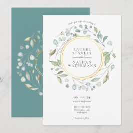 Grön krans av lagerblad med guldgeometrisk vigsel inbjudningar