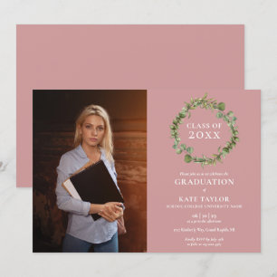 Grön krans dammig rosa foto examensfest inbjudningar