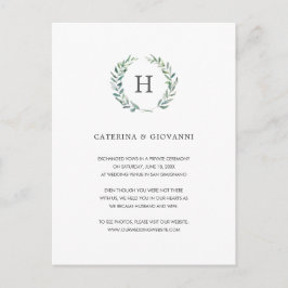 Grön krans Elegant Monogram Elopement Bröllop Meddelande Vykort
