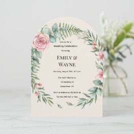 Grön krans med rosa blommor Romantiskt bröllop Inbjudningar