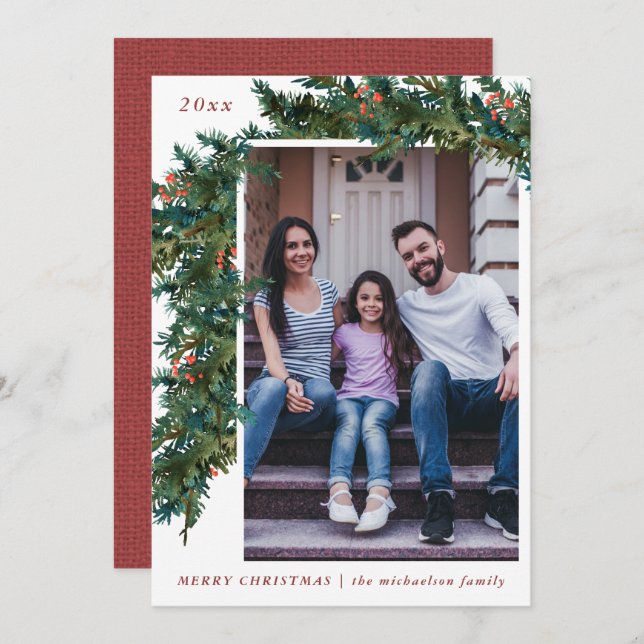 Grön krans röd burlap look foto semester julkort (Fram/baksida)