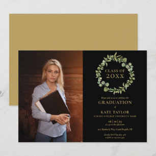 Grön krans svart guld foto examensfest inbjudningar