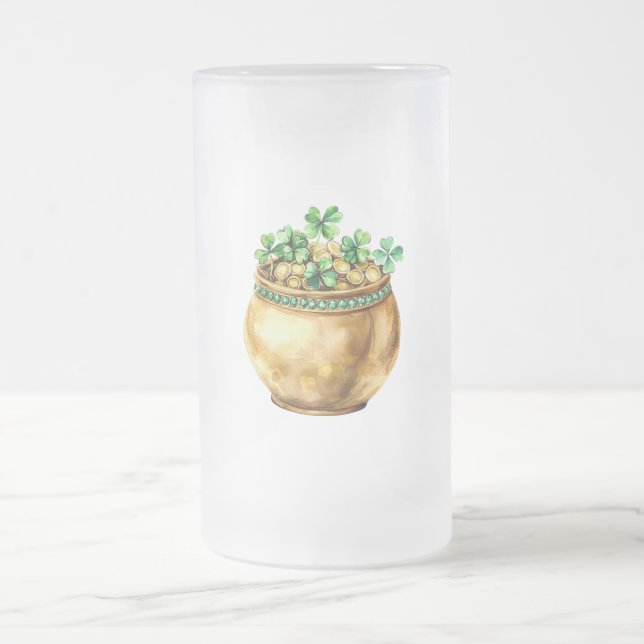 Grön kruka med guld Shamrocks St. Patrick's Day   Frostat Ölglas (Center)