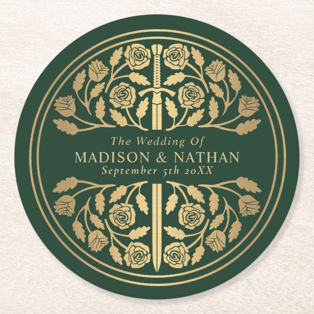 Grön kunglig medeltida svärdsbröllop underlägg papper rund (Framsidan)