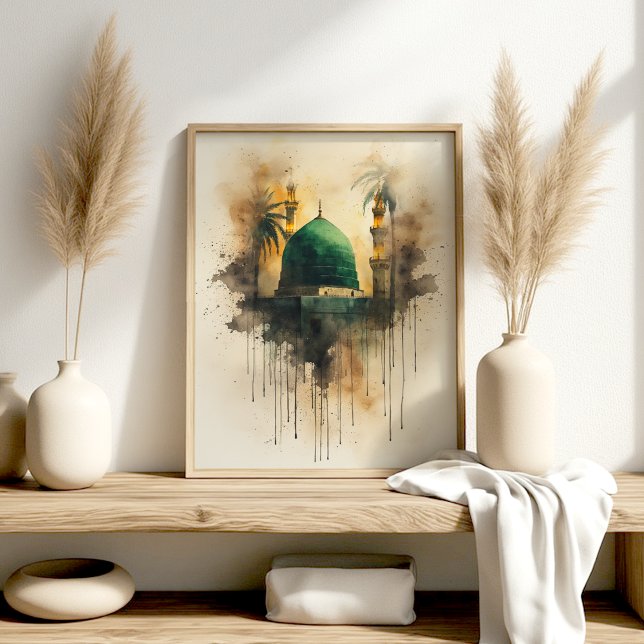 Grön kupol Medina – Akvarell islamisk konst Poster (Skapare uppladdad)