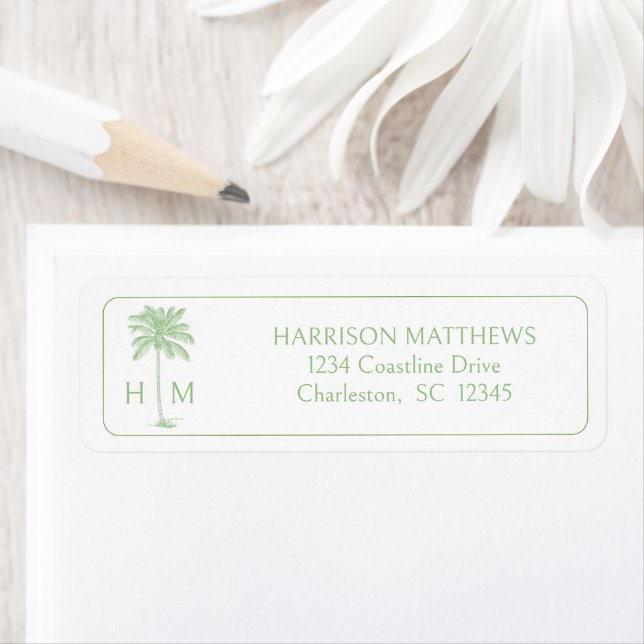 Grön kustpalmettopalm monogram returadress etikett (Insitu)