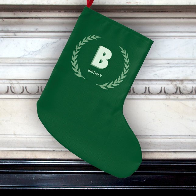 Grön lagerkrans Bokstav B Monogram  Stor Julstrumpa (Skapare uppladdad)