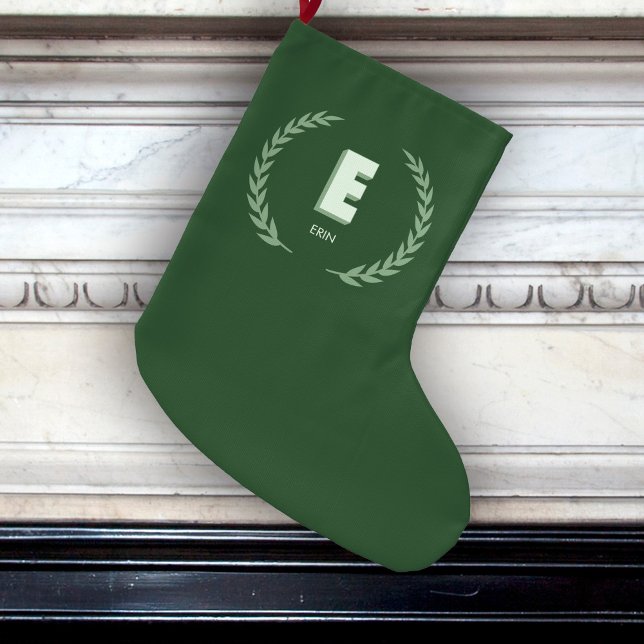 Grön lagerkrans Bokstav E monogram  Stor Julstrumpa (Skapare uppladdad)