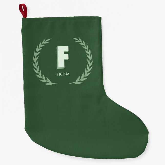 Grön lagerkrans Bokstav F Monogram  Stor Julstrumpa (Framsidan)