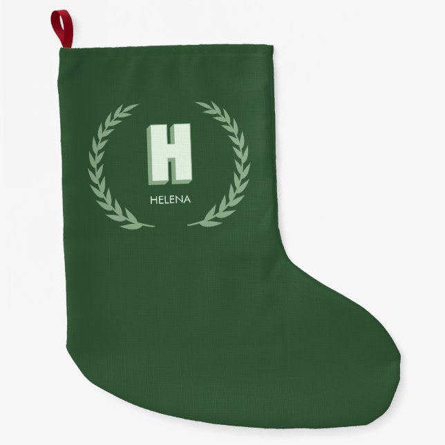 Grön lagerkrans Bokstav H monogram  Stor Julstrumpa (Framsidan)