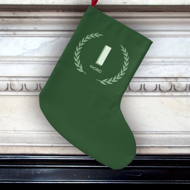 Grön lagerkrans Bokstav I Monogram  Stor Julstrumpa (Skapare uppladdad)