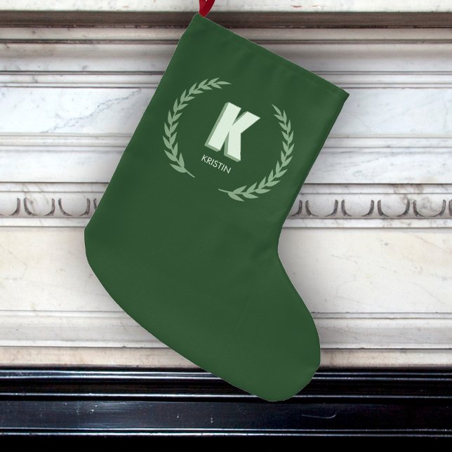 Grön lagerkrans Bokstav K Monogram  Stor Julstrumpa (Skapare uppladdad)