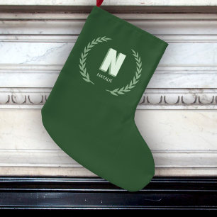 Grön lagerkrans Bokstav N Monogram  Stor Julstrumpa