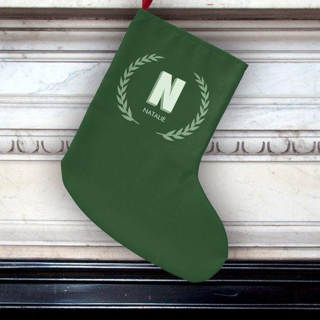 Grön lagerkrans Bokstav N Monogram  Stor Julstrumpa (Skapare uppladdad)