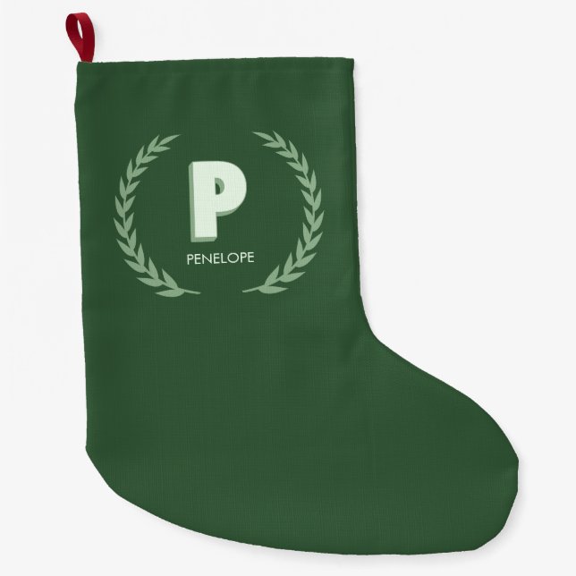 Grön lagerkrans Bokstav P Monogram  Stor Julstrumpa (Framsidan)