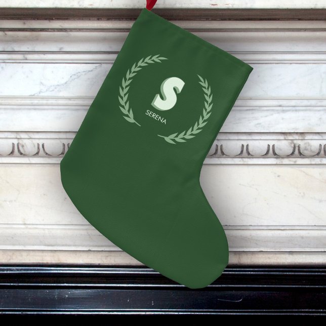 Grön lagerkrans Bokstav S Monogram  Stor Julstrumpa (Skapare uppladdad)