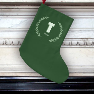 Grön lagerkrans Bokstav T Monogram Stor Julstrumpa