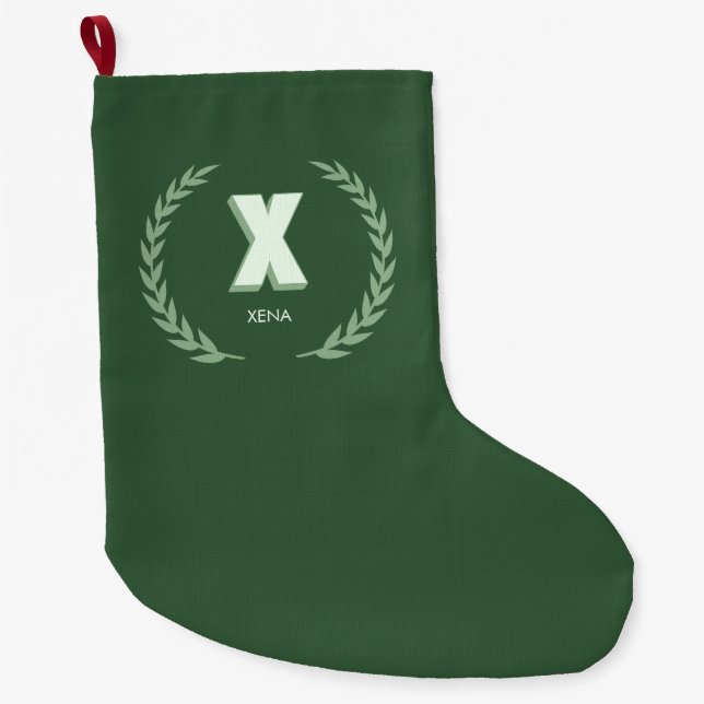 Grön lagerkrans Bokstav X Monogram  Stor Julstrumpa (Framsidan)