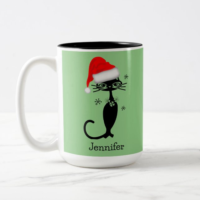 Grön långhalsad katt Retro jul Två-Tonad Mugg (Vänster)