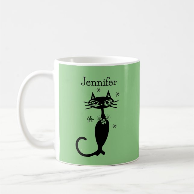Grön långhalsad katt retro kaffemugg (Vänster)