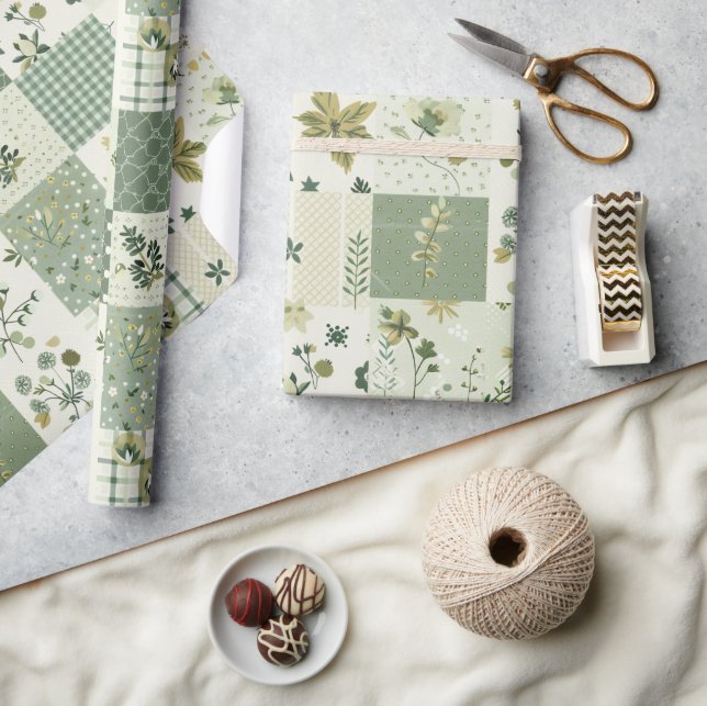 Grön lapptäcke patchwork antika rutmönster geometr presentpapper (Hantverk)