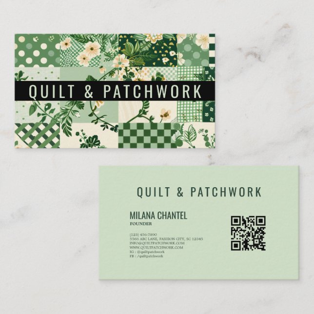 Grön lapptäcke patchwork handgjorda kläder  visitkort (Fram/baksida)