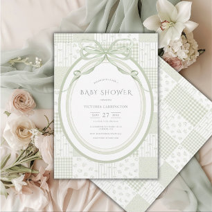 Grön lapptäcke Plaid Vintage Baby Shower Inbjudningar