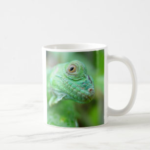 Grön leguanödlareptil på lövmuggen kaffemugg