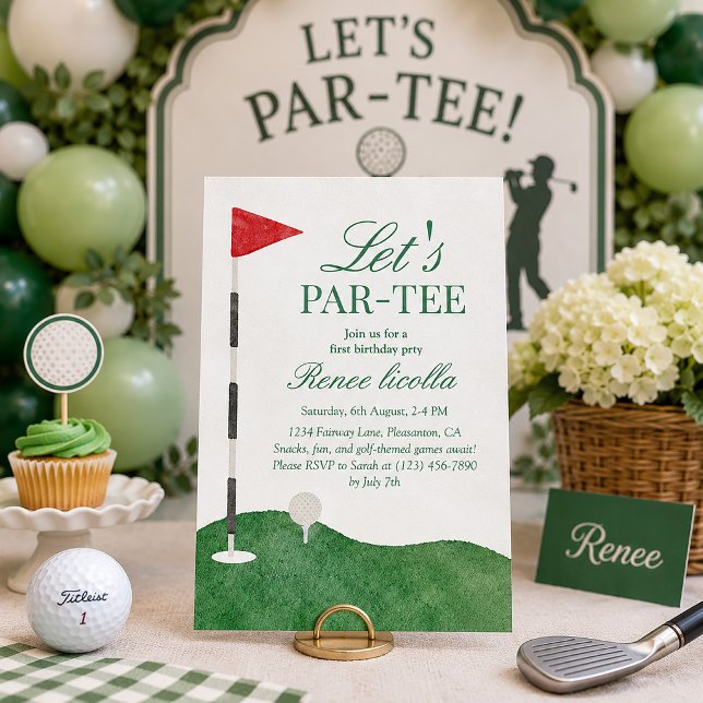 Grön Let's Par-Tee Golf Första Födelsedagsinbjudan Tack Kort (Skapare uppladdad)
