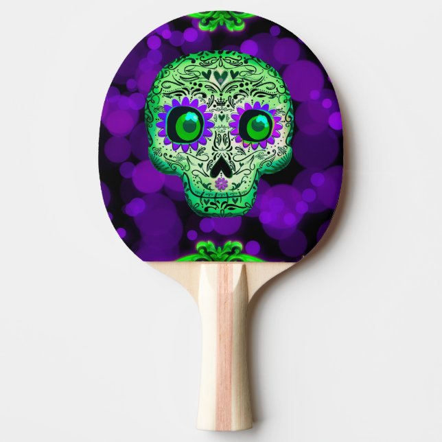 Grön & lila fantasiväckande glödande socker skalle pingisracket (Framsidan)