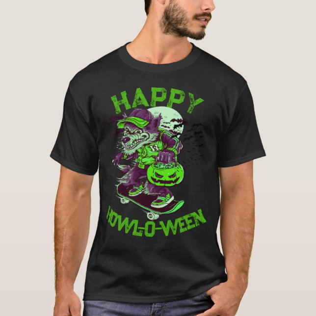 Grön Lila Glad Howl-o-ween Varg Skateboardåkning T Shirt (Framsida)