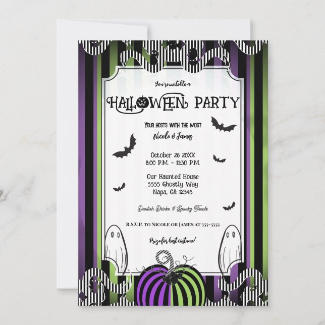 Grön Lila & Svart Vit Randig Halloweenfest Inbjudningar (Framsida)