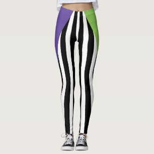 Grön Lila Svart & Vit Whimsical Ränder Leggings