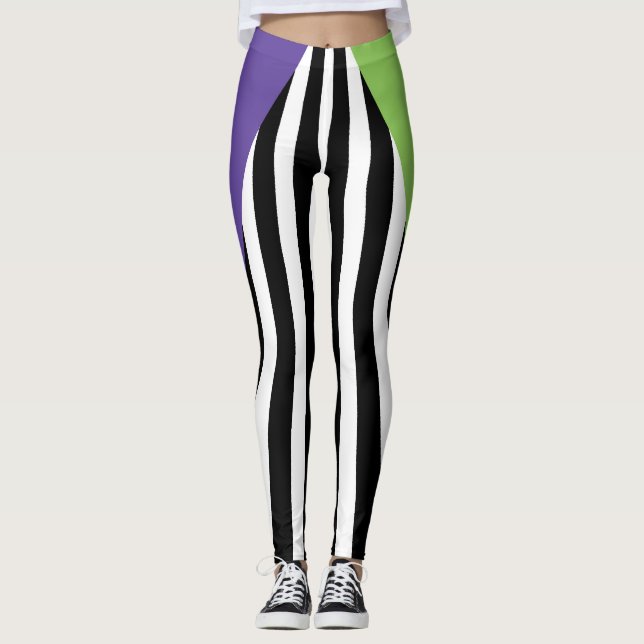 Grön Lila Svart & Vit Whimsical Ränder Leggings (Framsida)