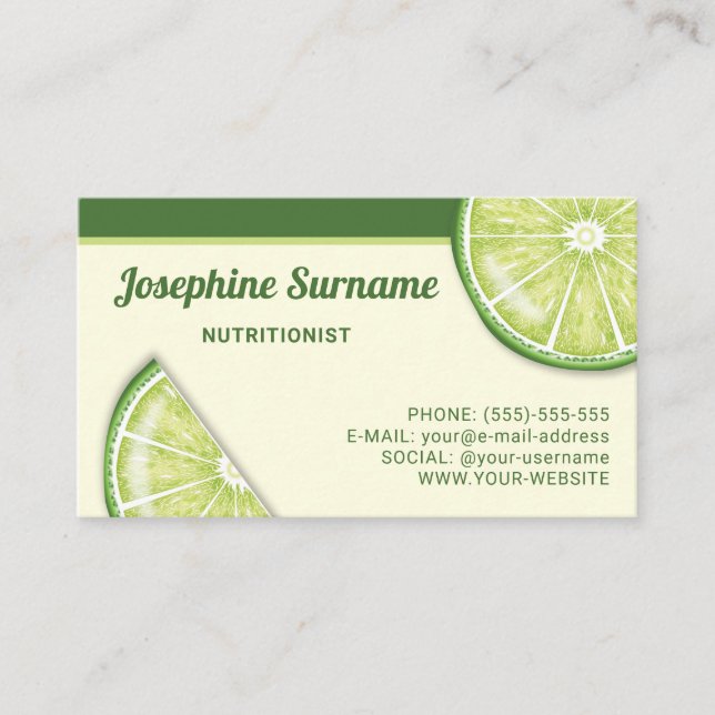 Grön Lime Citrus Frukt Skivor Nutritionist Visitkort (Framsida)