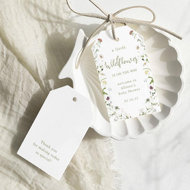 Grön Lite Vild Blomma Rustik Boho Bebis Shower  Presentetikett (Green A Little Wildflower Rustic Boho Baby Shower Gift Tags)