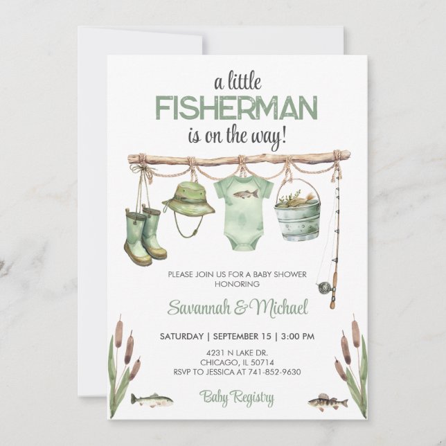Grön liten fiskare Baby Shower-inbjudan Inbjudningar (Framsida)