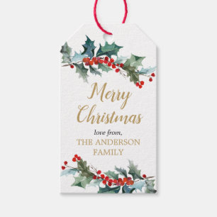 Grön, ljust röd guld, vattenfärgad jul presentetikett