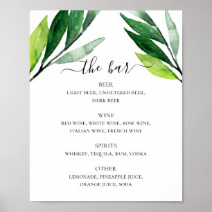 Grön lövbröllop alkohol dryck bar meny poster