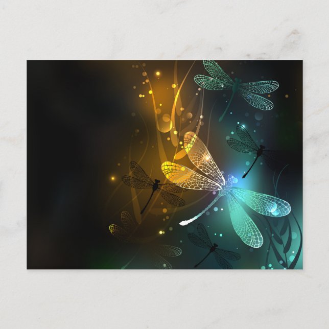 Grön lysande trollsländeflykt vykort (Framsida)