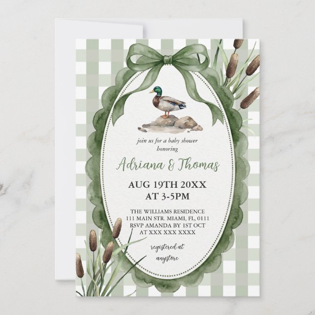 Grön Mallard-ankungens baby shower  Inbjudningar (Framsida)